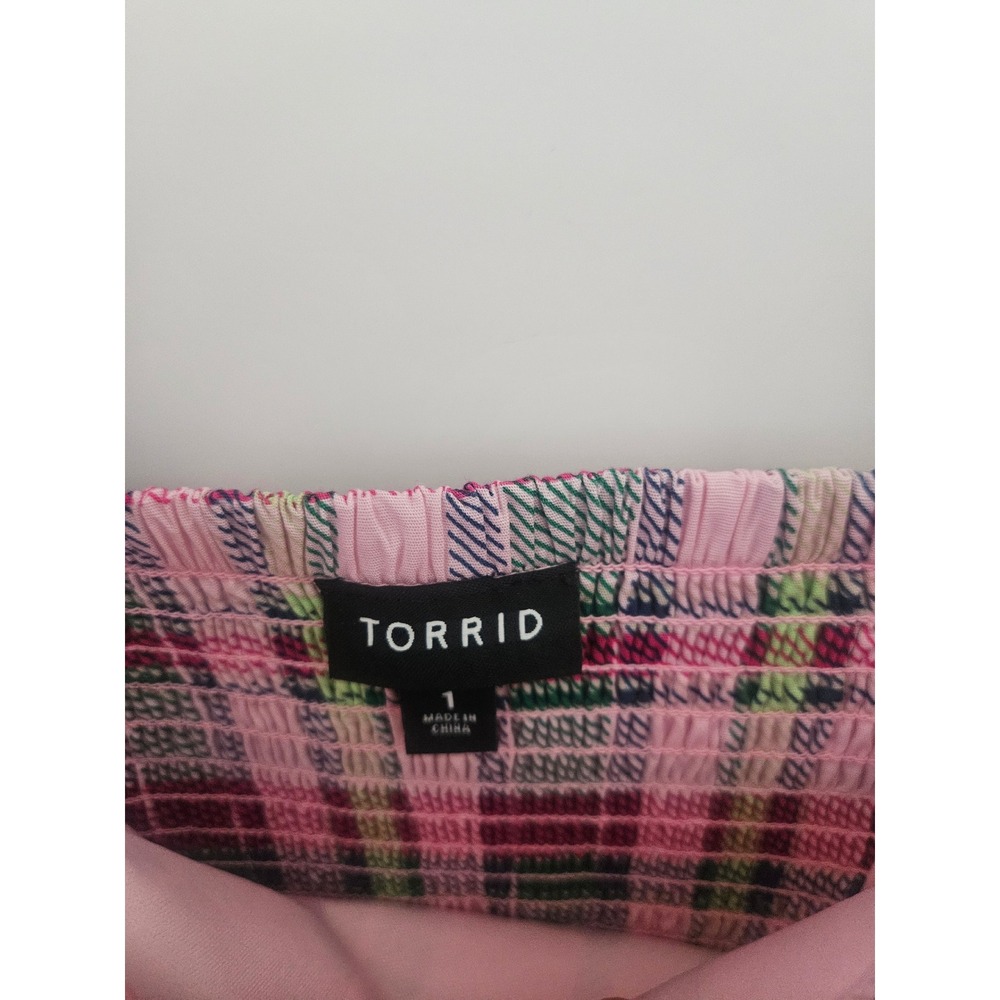 Torrid Pink Green Plaid Ruffle Strap Smocked Tiered Midi Dress Pockets Size 1 - Picture 2 of 8